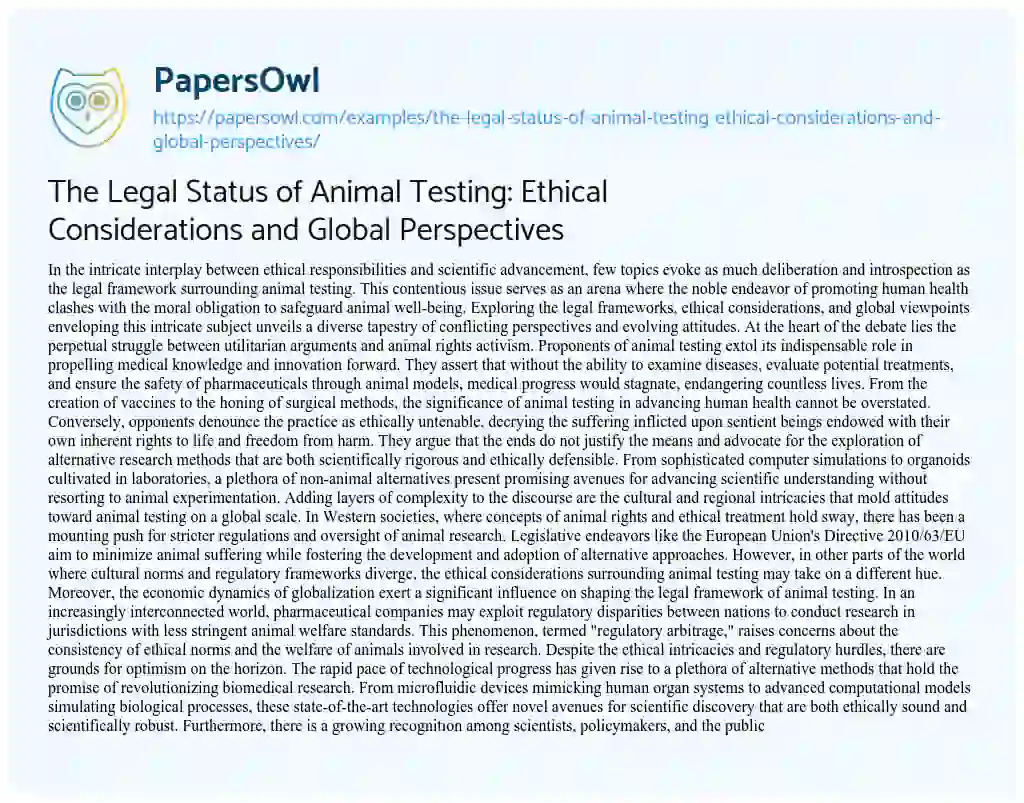 Essay on The Legal Status of Animal Testing: Ethical Considerations and Global Perspectives