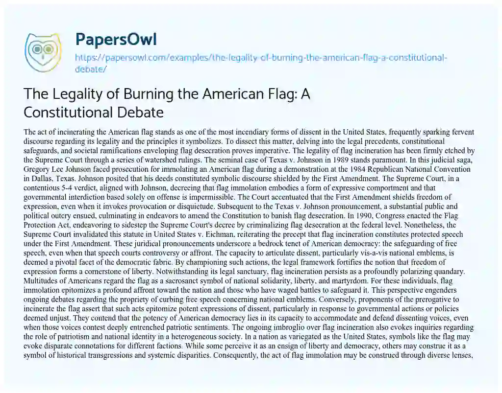 Essay on The Legality of Burning the American Flag: a Constitutional Debate
