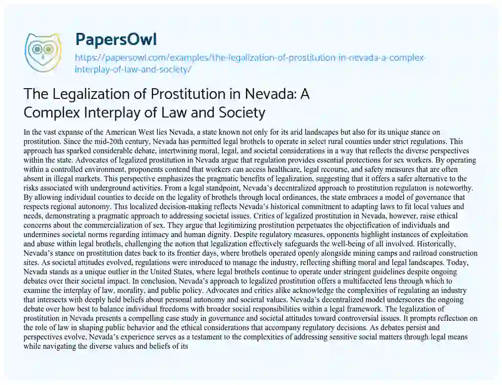 Essay on The Legalization of Prostitution in Nevada: a Complex Interplay of Law and Society