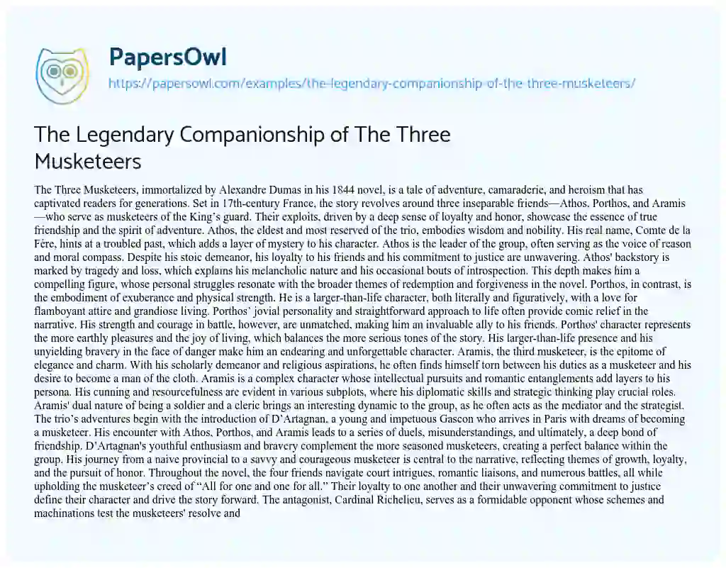 Essay on The Legendary Companionship of the Three Musketeers