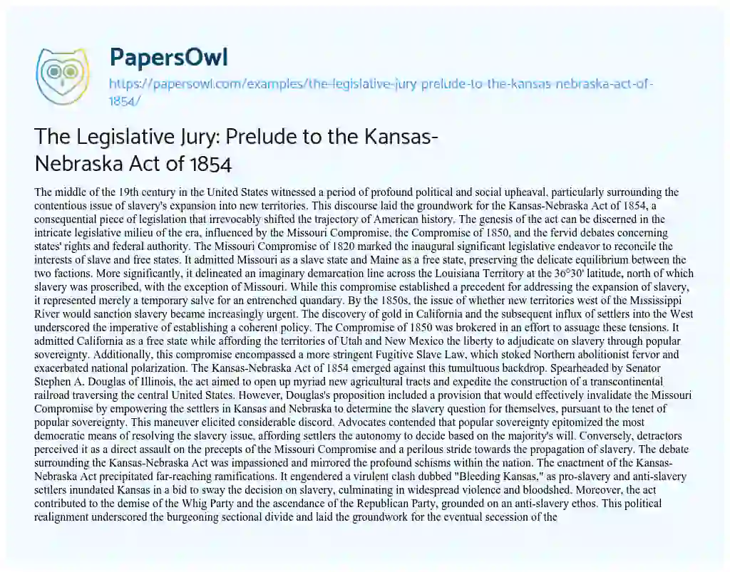 Essay on The Legislative Jury: Prelude to the Kansas-Nebraska Act of 1854