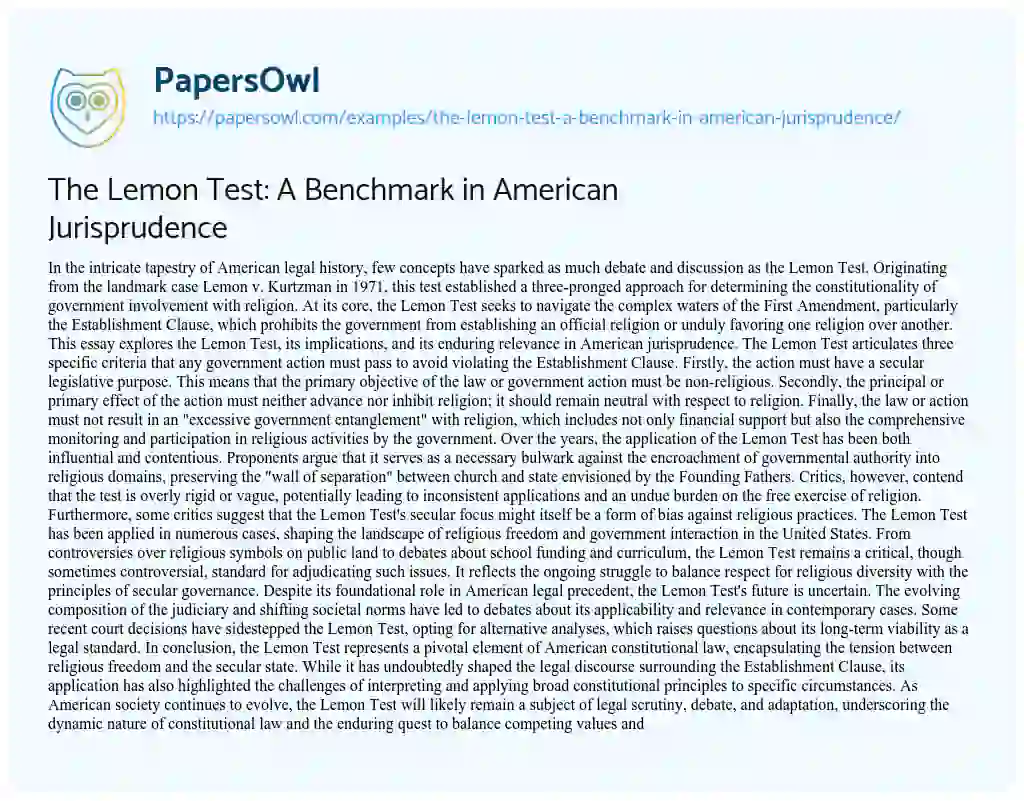 Essay on The Lemon Test: a Benchmark in American Jurisprudence
