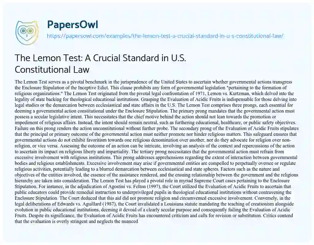 Essay on The Lemon Test: a Crucial Standard in U.S. Constitutional Law