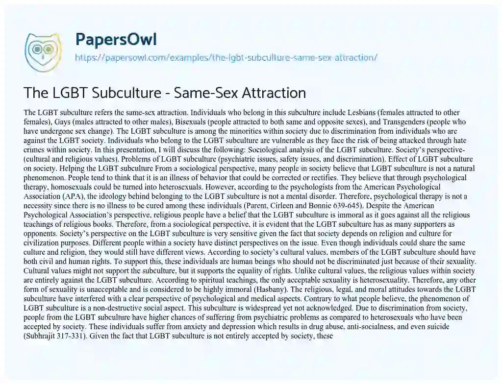 The LGBT Subculture – Same-Sex Attraction essay