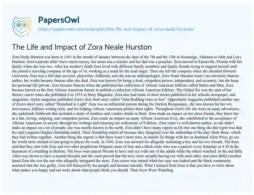 Essay on The Life and Impact of Zora Neale Hurston