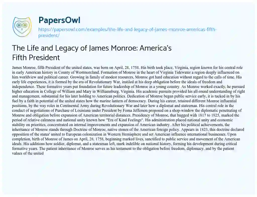 Essay on The Life and Legacy of James Monroe: America’s Fifth President