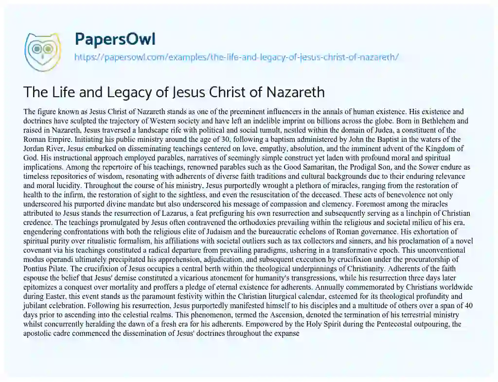 Essay on The Life and Legacy of Jesus Christ of Nazareth