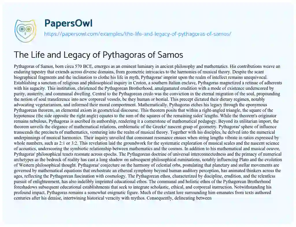 Essay on The Life and Legacy of Pythagoras of Samos