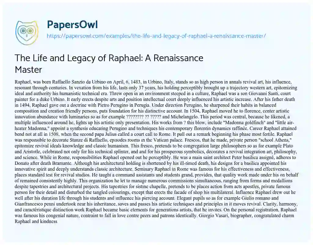 Essay on The Life and Legacy of Raphael: a Renaissance Master