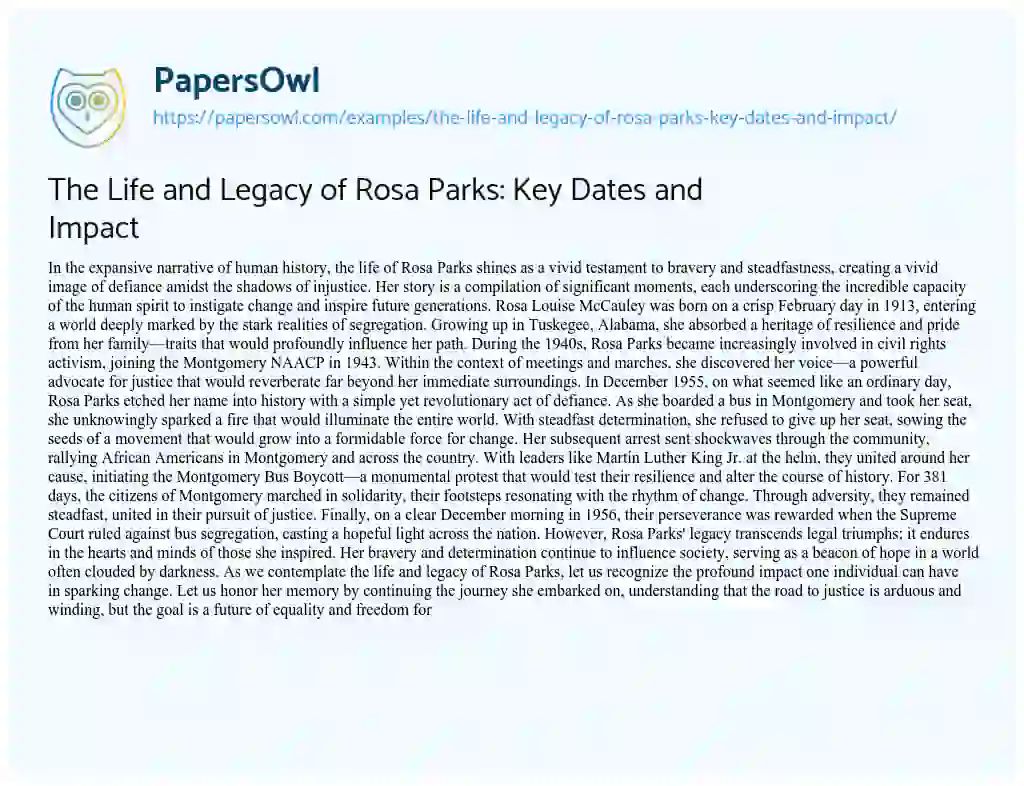 Essay on The Life and Legacy of Rosa Parks: Key Dates and Impact