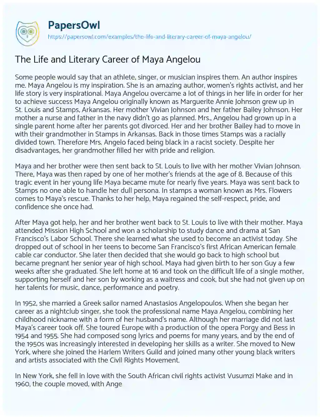 Essay on The Life and Literary Career of Maya Angelou