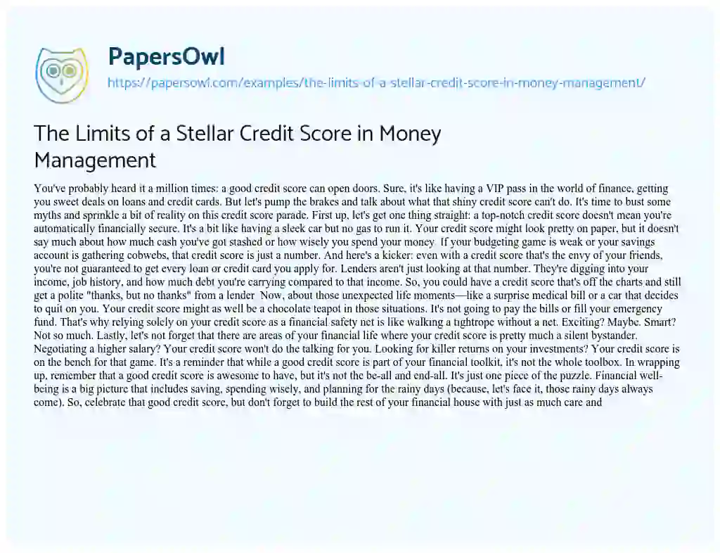 Essay on The Limits of a Stellar Credit Score in Money Management