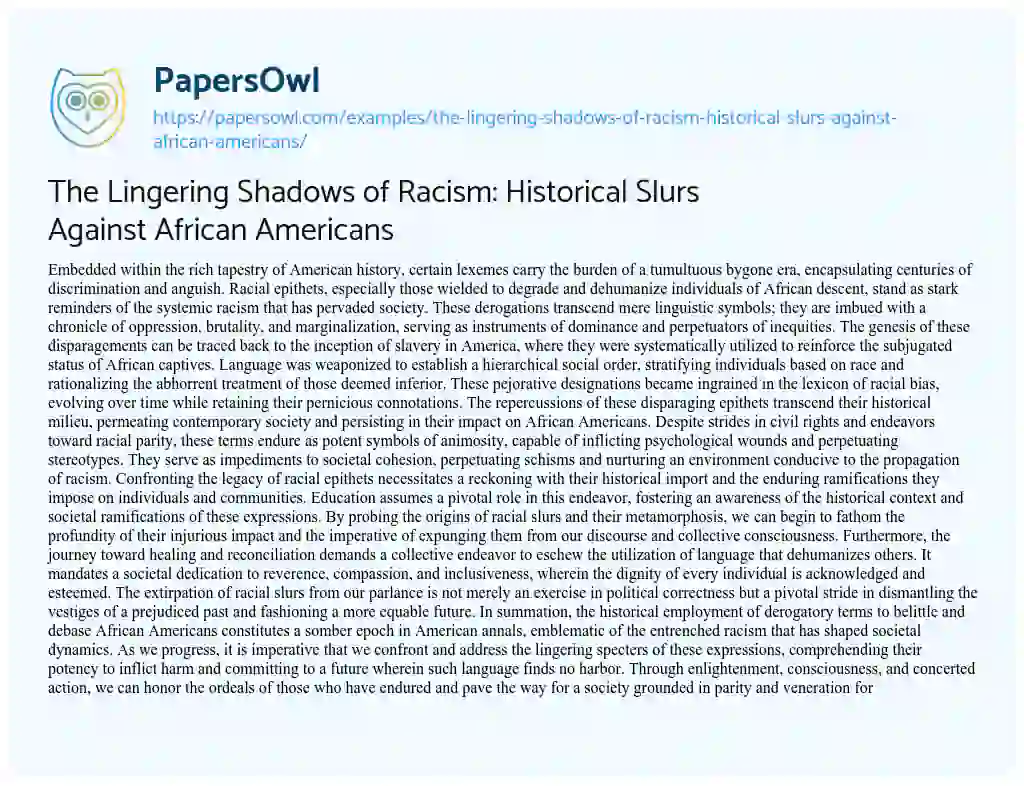Essay on The Lingering Shadows of Racism: Historical Slurs against African Americans