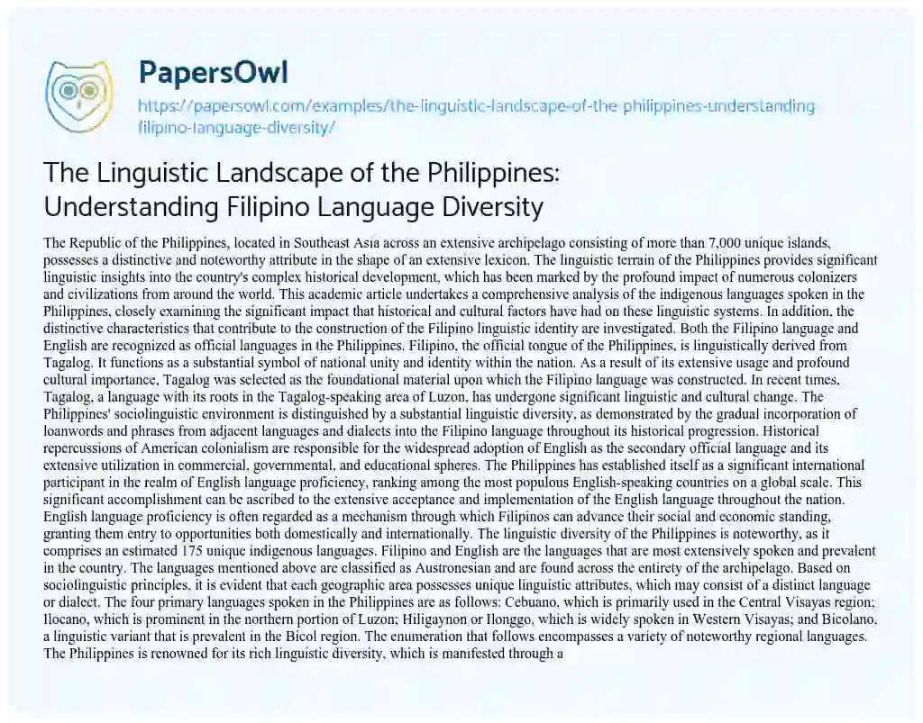 Essay on The Linguistic Landscape of the Philippines: Understanding Filipino Language Diversity