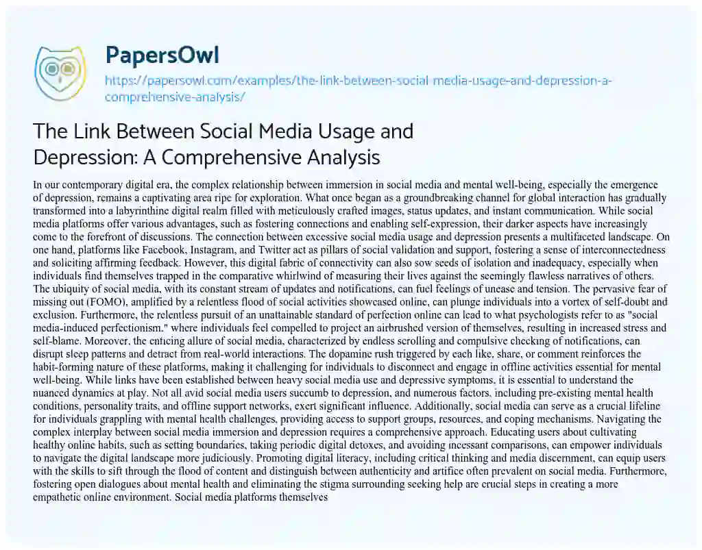 Essay on The Link between Social Media Usage and Depression: a Comprehensive Analysis