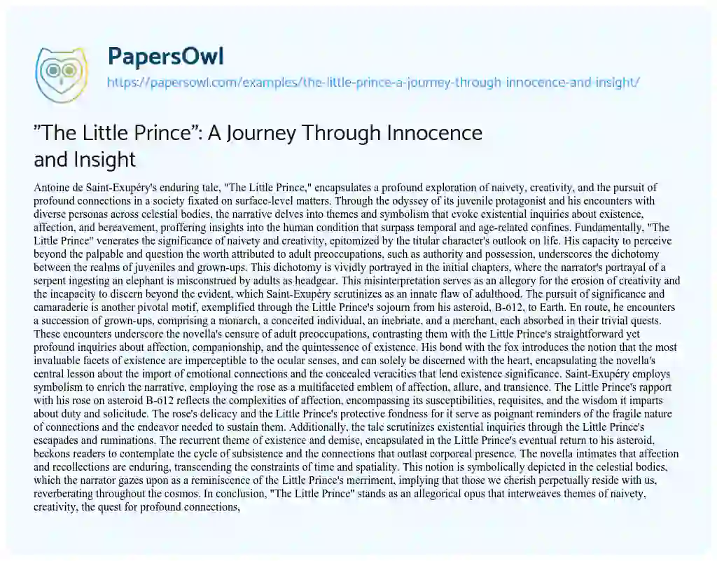 Essay on “The Little Prince”: a Journey through Innocence and Insight