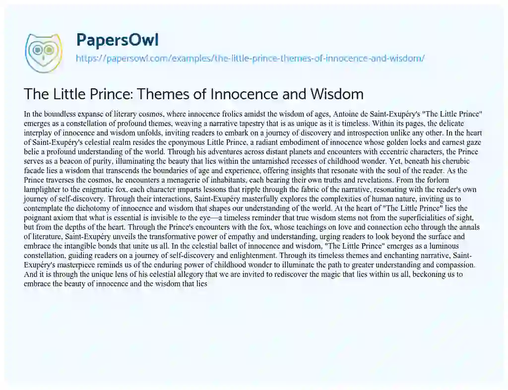 Essay on The Little Prince: Themes of Innocence and Wisdom