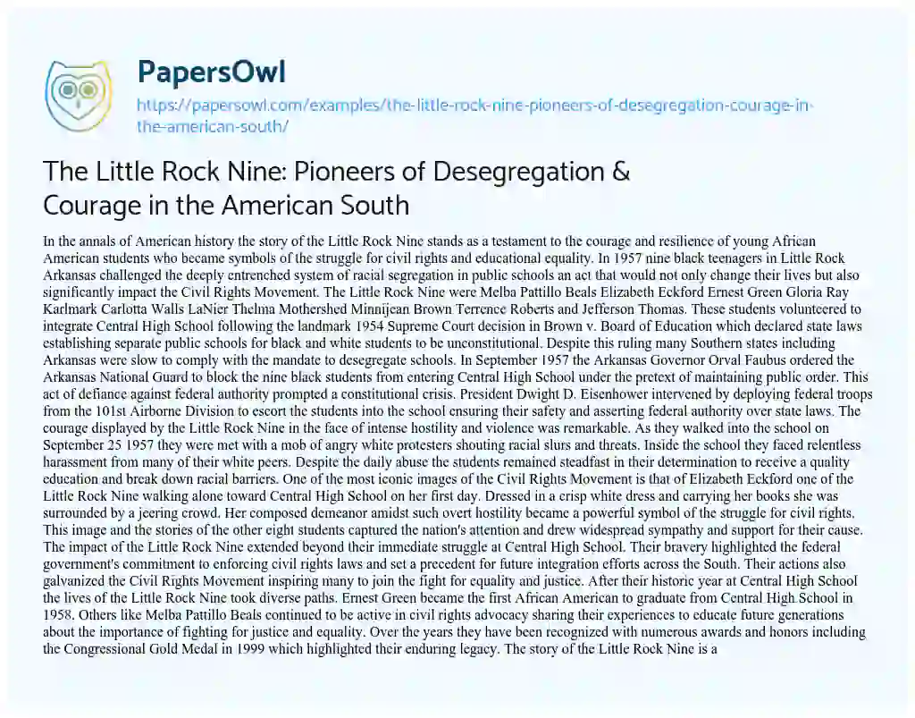 Essay on The Little Rock Nine: Pioneers of Desegregation & Courage in the American South