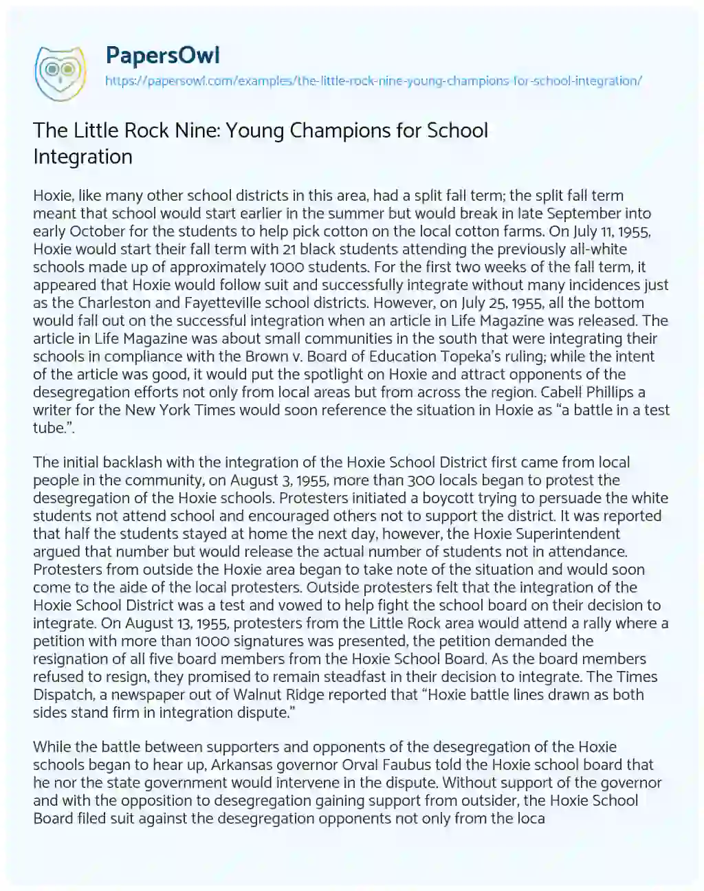 Essay on The Little Rock Nine: Young Champions for School Integration