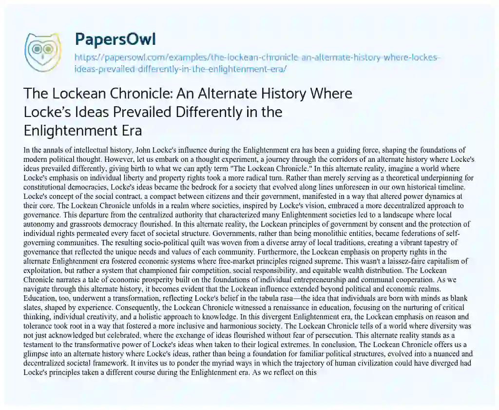 Essay on The Lockean Chronicle: an Alternate History where Locke’s Ideas Prevailed Differently in the Enlightenment Era