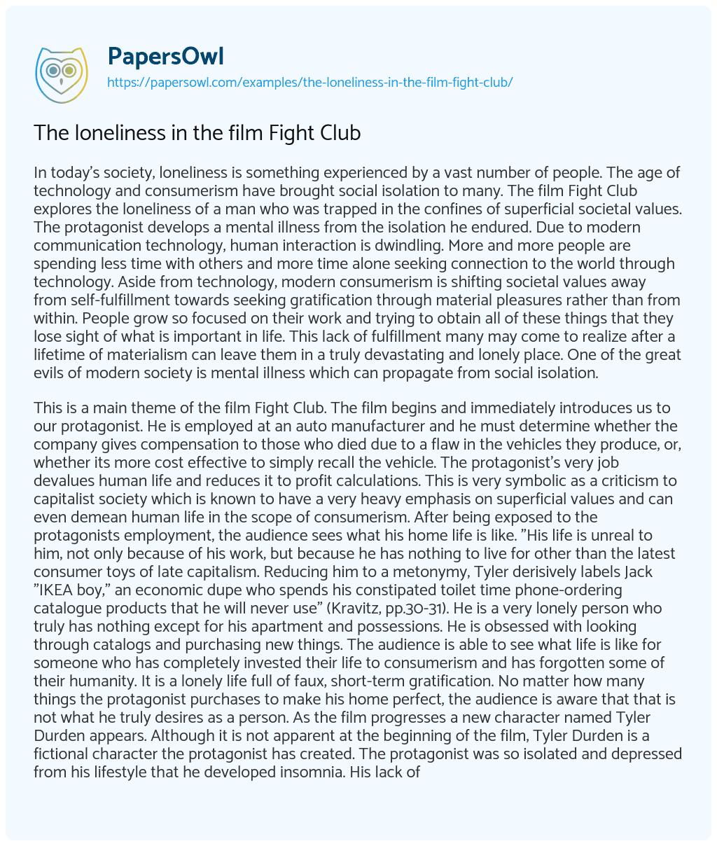 Essay on The Loneliness in the Film Fight Club