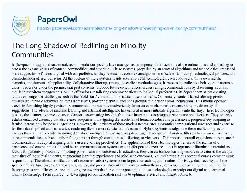 Essay on The Long Shadow of Redlining on Minority Communities