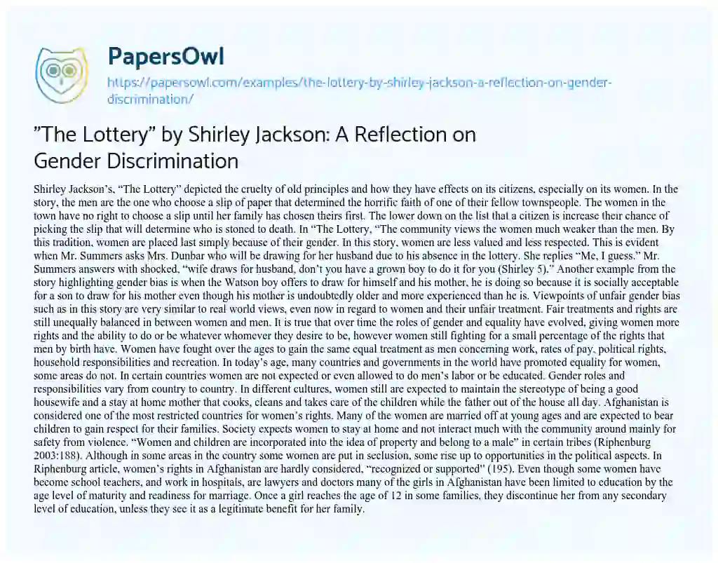 Essay on “The Lottery” by Shirley Jackson: a Reflection on Gender Discrimination