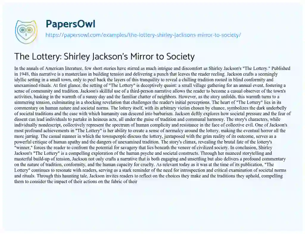 Essay on The Lottery: Shirley Jackson’s Mirror to Society