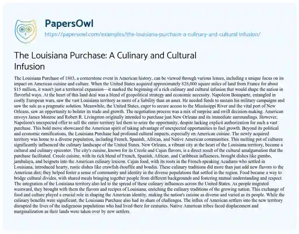 Essay on The Louisiana Purchase: a Culinary and Cultural Infusion