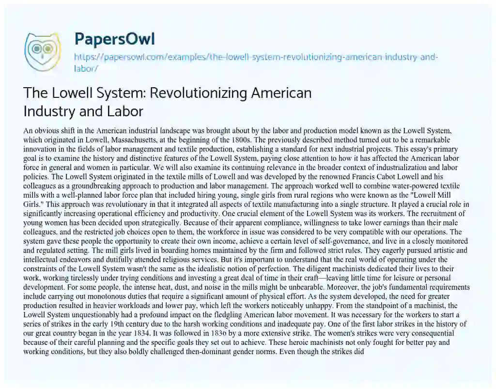 Essay on The Lowell System: Revolutionizing American Industry and Labor