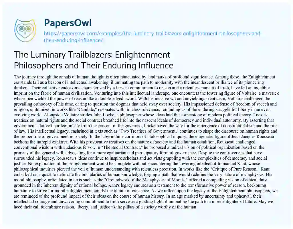 Essay on The Luminary Trailblazers: Enlightenment Philosophers and their Enduring Influence