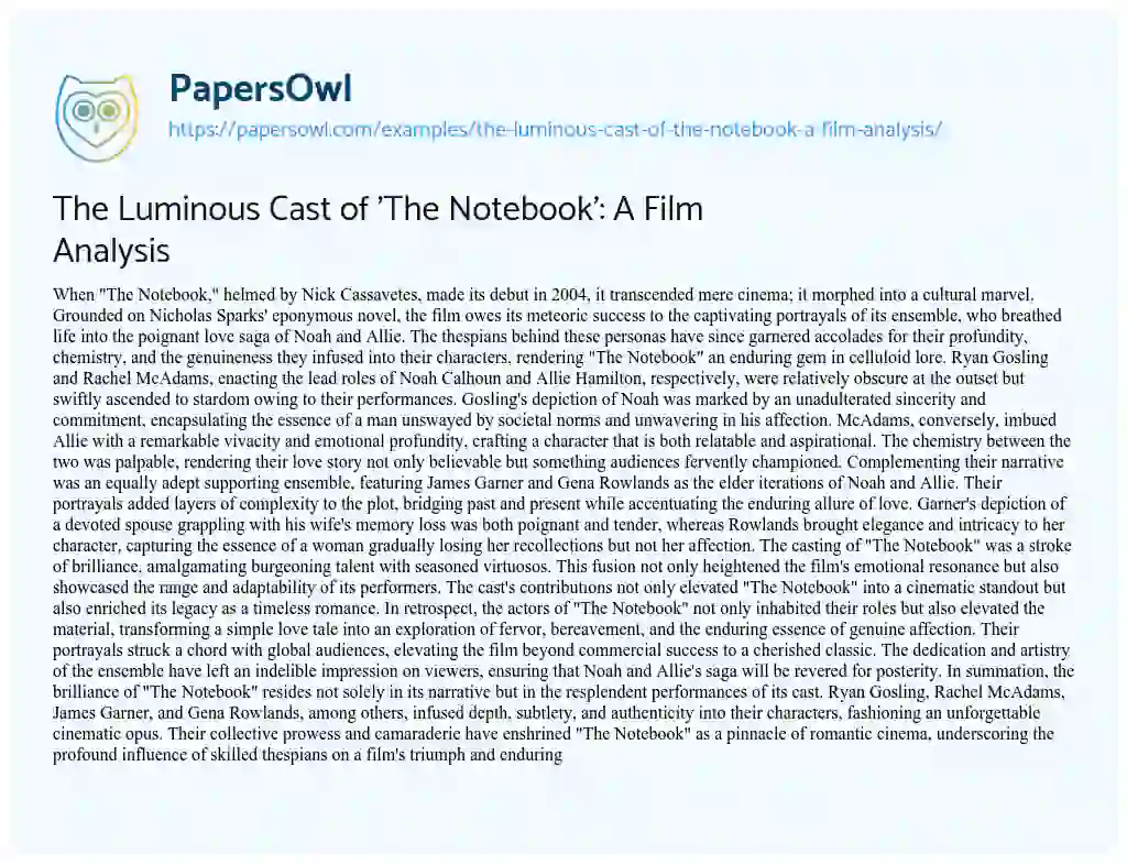 Essay on The Luminous Cast of ‘The Notebook’: a Film Analysis