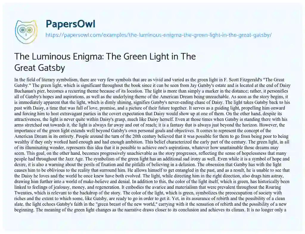 Essay on The Luminous Enigma: the Green Light in the Great Gatsby