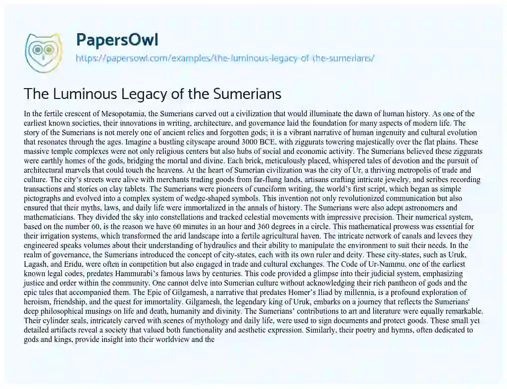 Essay on The Luminous Legacy of the Sumerians