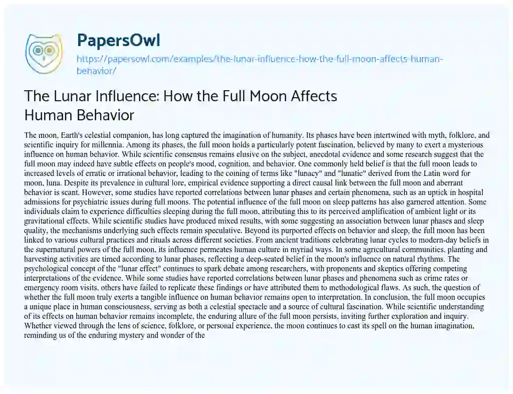 Essay on The Lunar Influence: how the Full Moon Affects Human Behavior