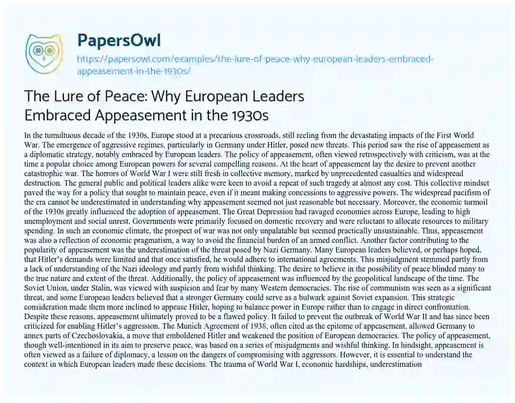 Essay on The Lure of Peace: why European Leaders Embraced Appeasement in the 1930s