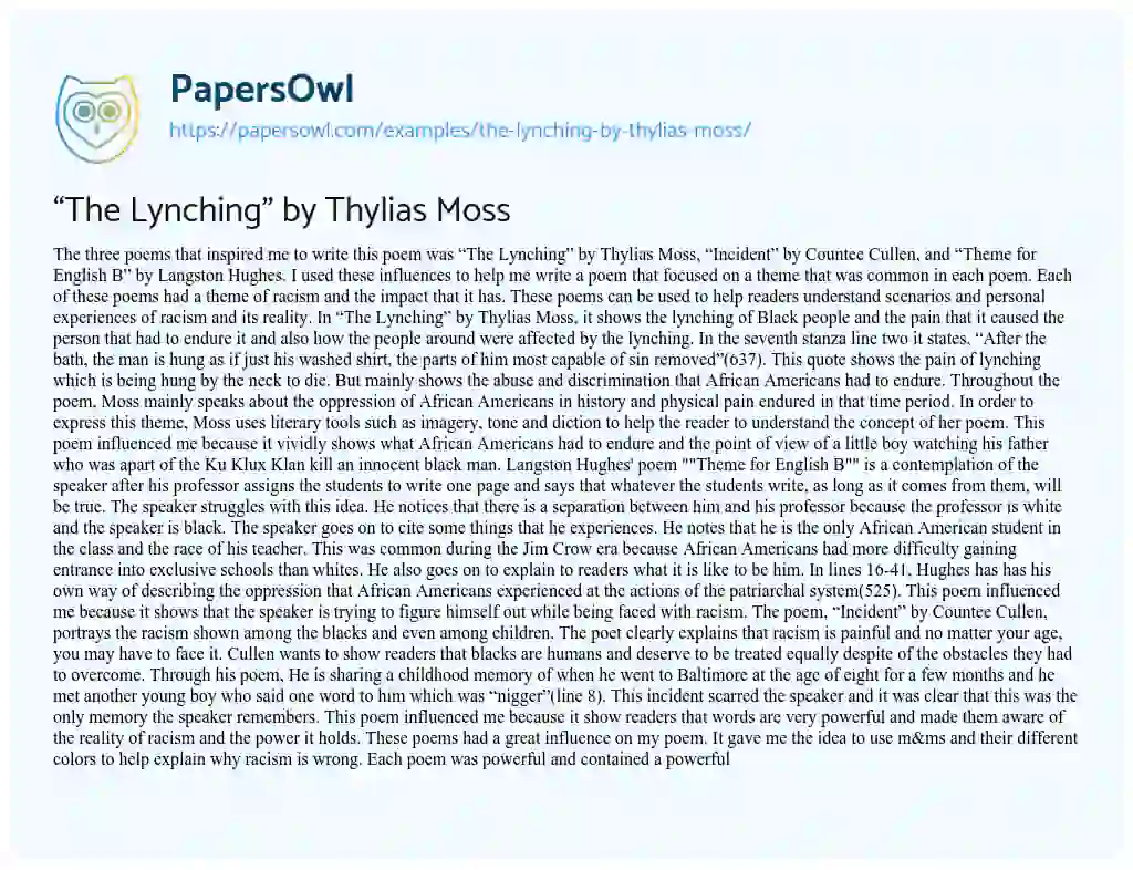 Essay on “The Lynching” by Thylias Moss