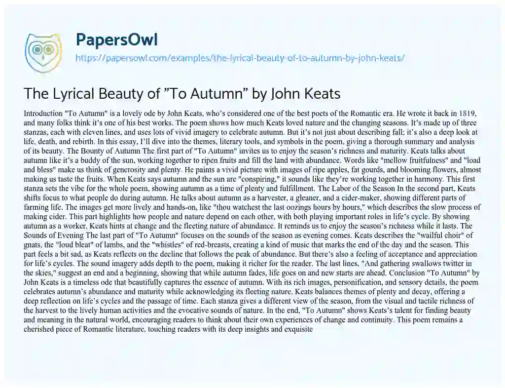 Essay on The Lyrical Beauty of “To Autumn” by John Keats