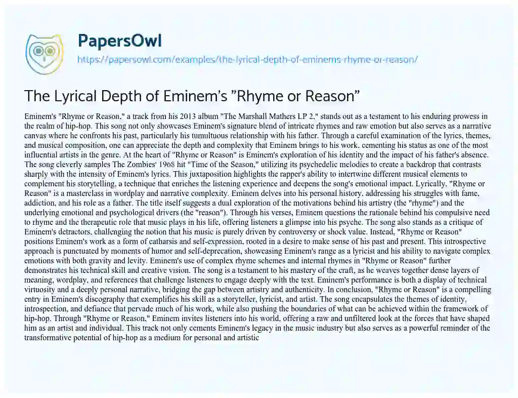 Essay on The Lyrical Depth of Eminem’s “Rhyme or Reason”