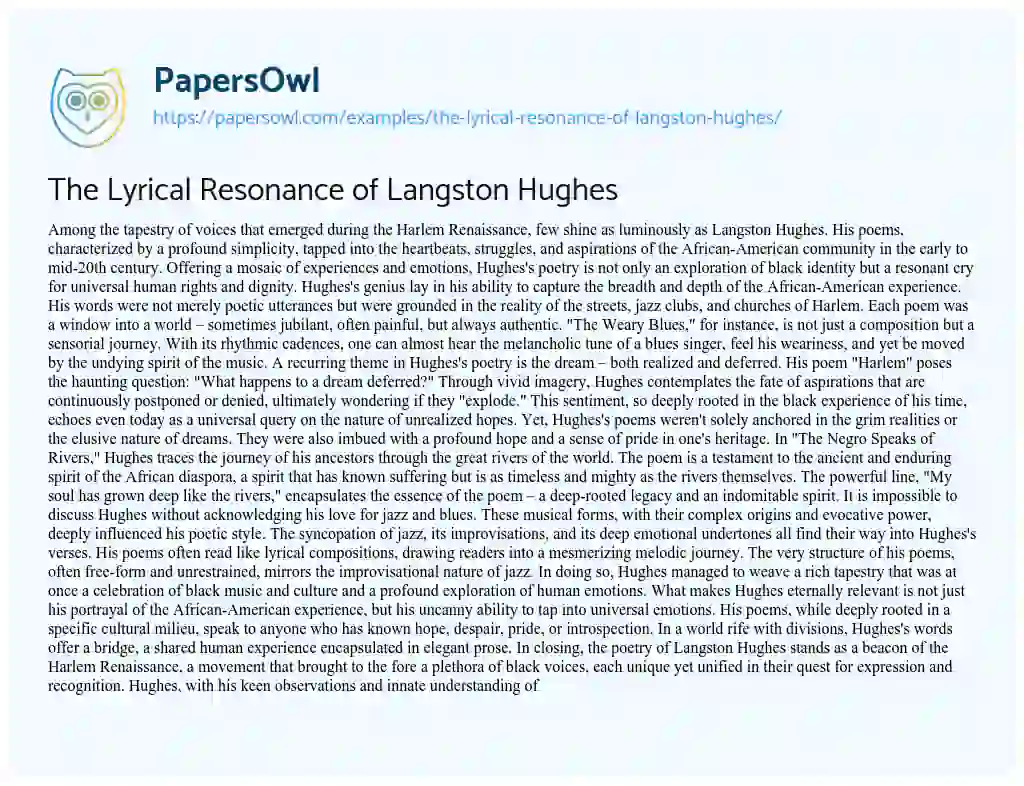 Essay on The Lyrical Resonance of Langston Hughes
