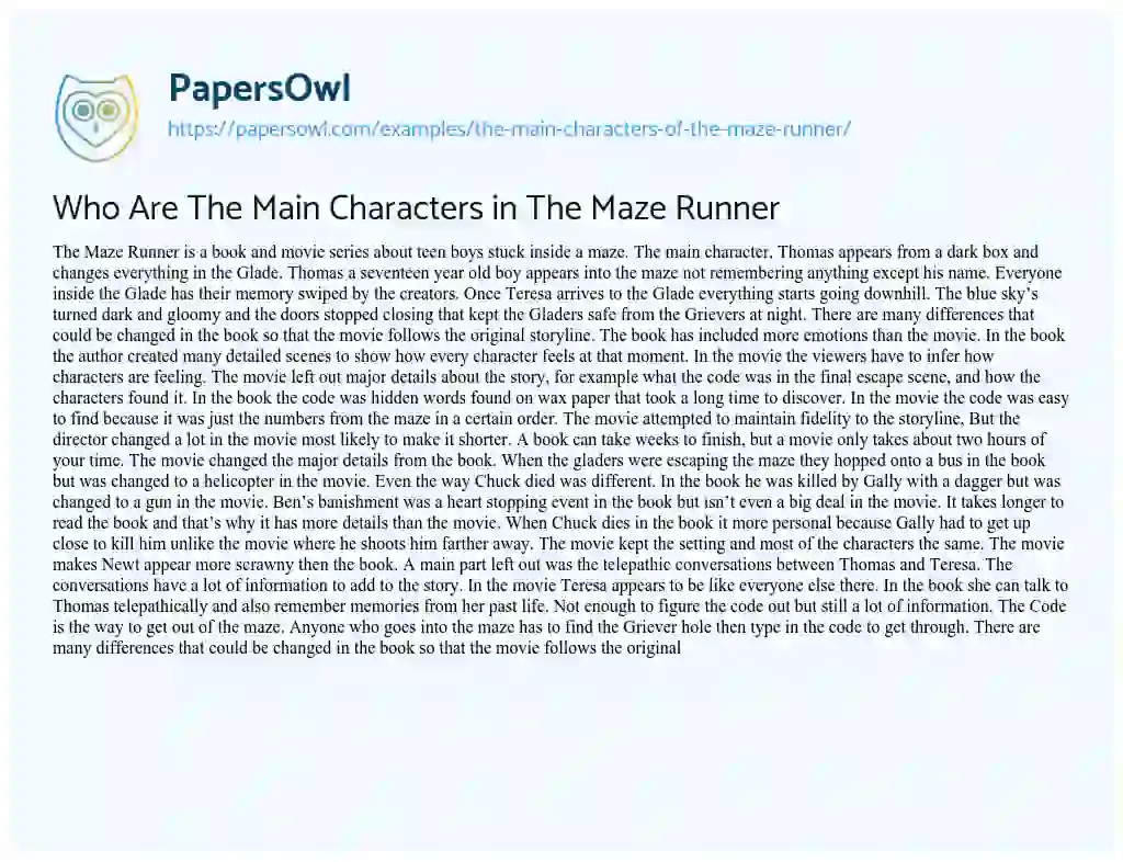 Essay on Who are the Main Characters in the Maze Runner