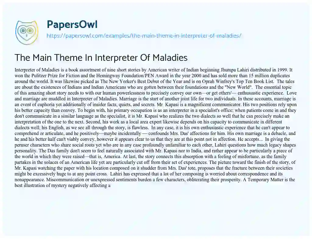Essay on The Main Theme in Interpreter of Maladies