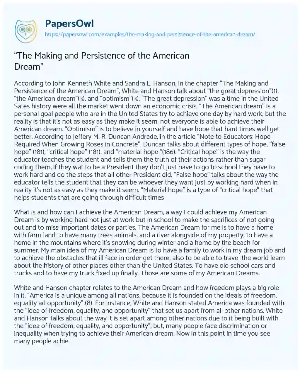 Essay on “The Making and Persistence of the American Dream”