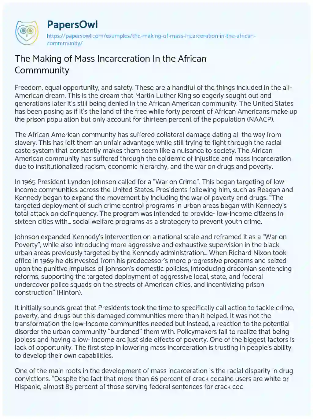 The Making of Mass Incarceration in the African Commmunity essay