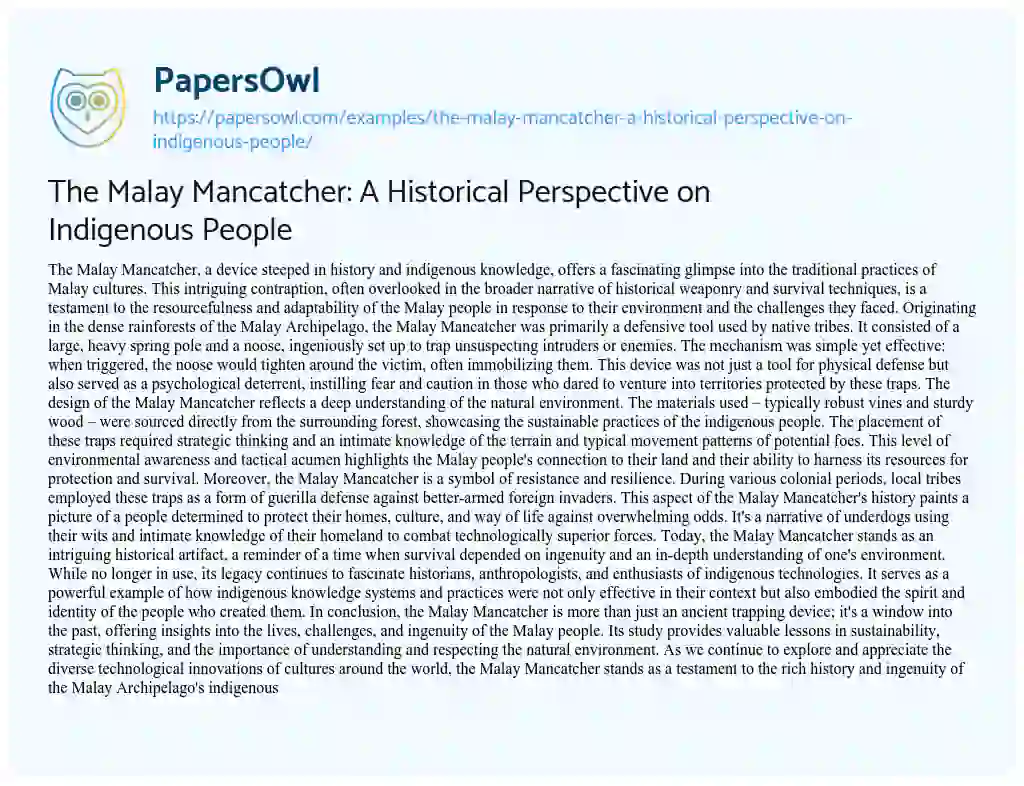 Essay on The Malay Mancatcher: a Historical Perspective on Indigenous People