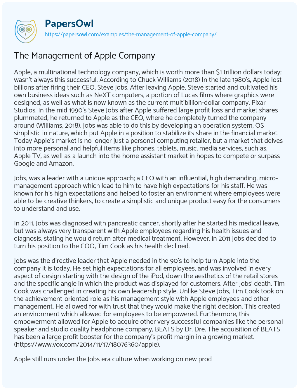 The Management of Apple Company essay