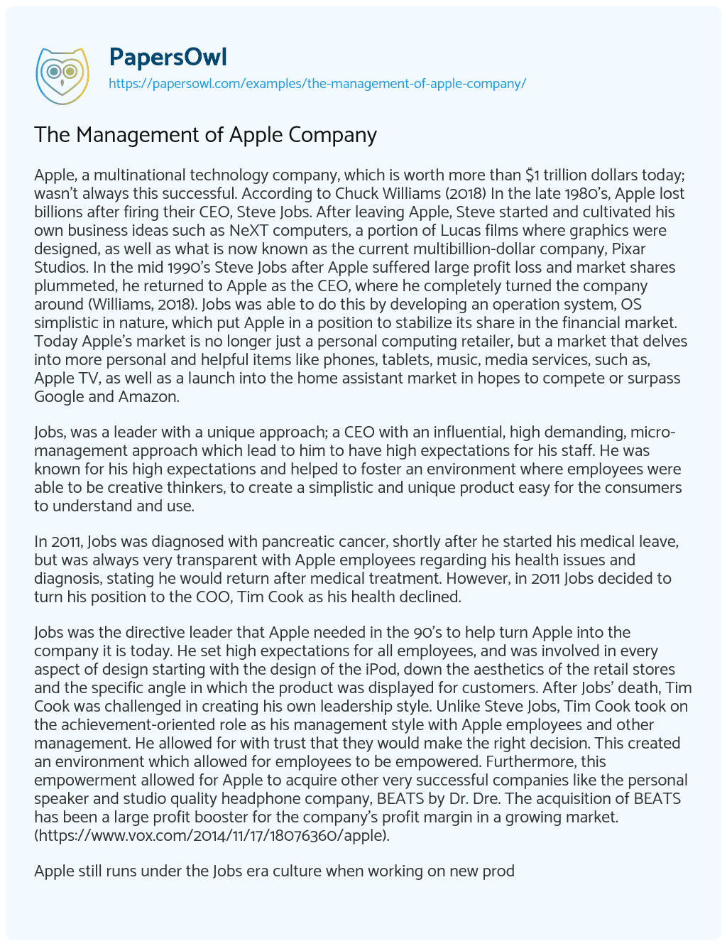 Essay on The Management of Apple Company