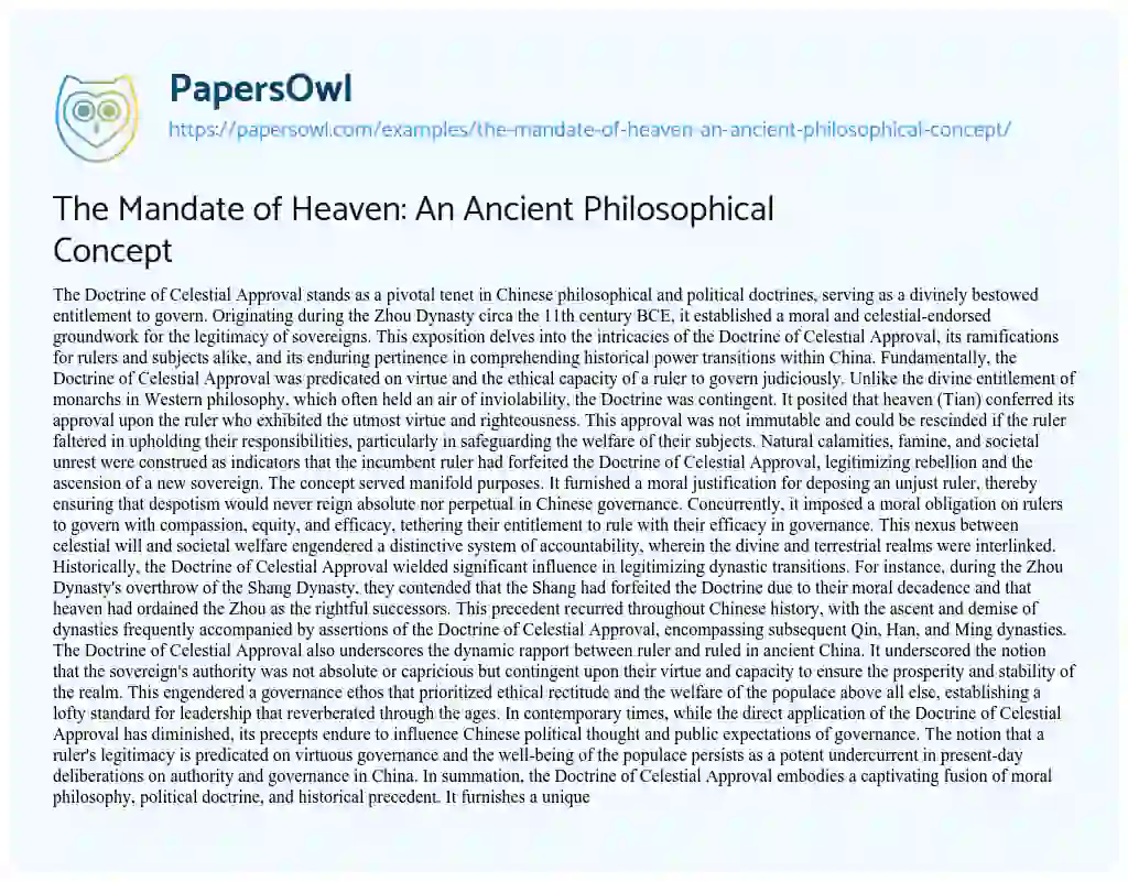Essay on The Mandate of Heaven: an Ancient Philosophical Concept