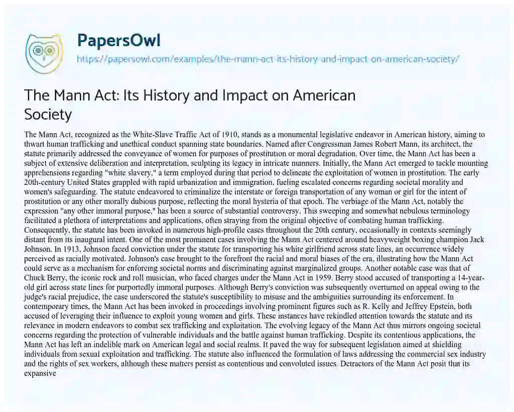 Essay on The Mann Act: its History and Impact on American Society