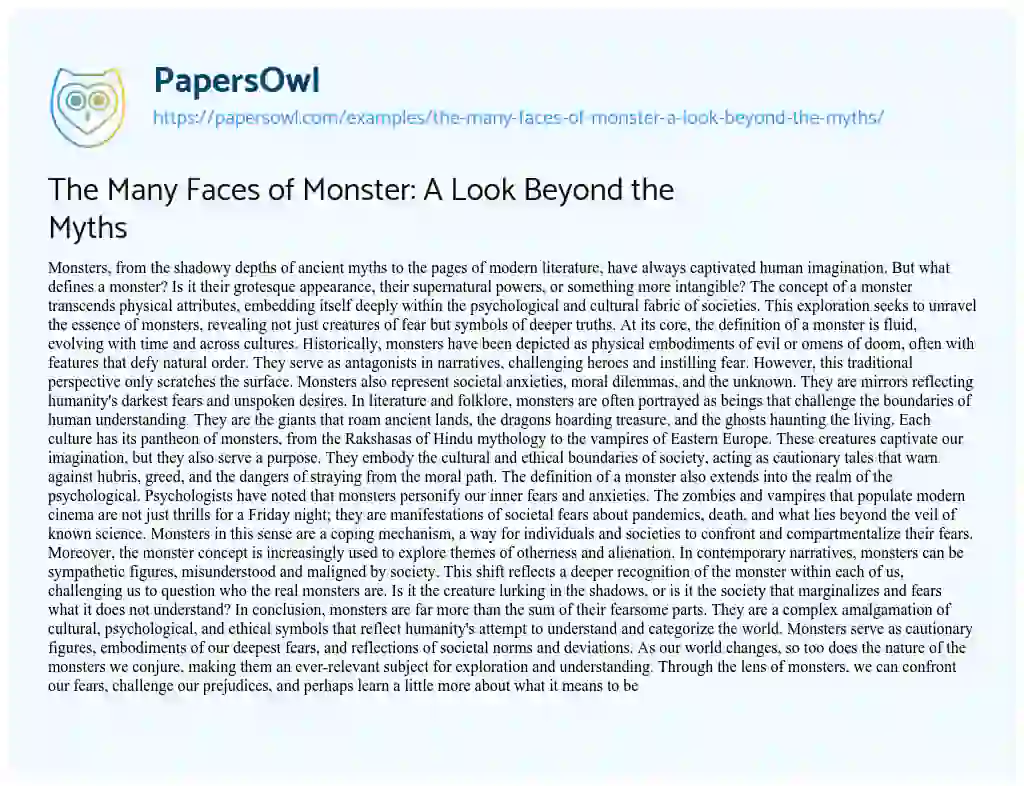 Essay on The Many Faces of Monster: a Look Beyond the Myths
